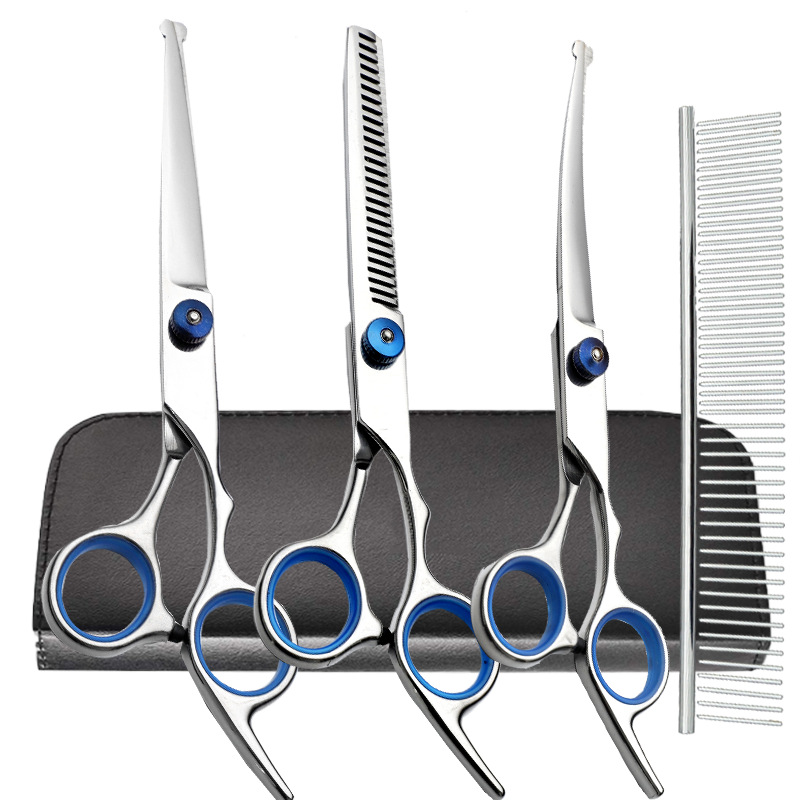 Tijeras rectas de tornillo azul + curva superior + tijeras de dientes