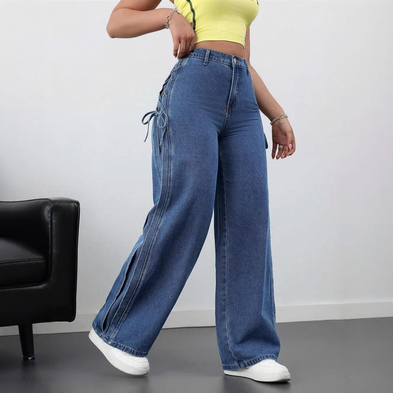 Cross-Border European and American Style Side-Tie Bow Denim Jeans for Women, High-Waisted, Slim-Fit, Straight-Leg, Trendy Design Denim Pants Cross-Border European and American Style Side-Tie Bow Denim Jeans for Women, High-Waisted, Slim-Fit, Straight-Leg, Trendy Design Denim Pants