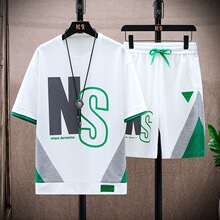 两件套短袖短裤夏季新款运动服套装男青少年宽松大码休闲印花男装