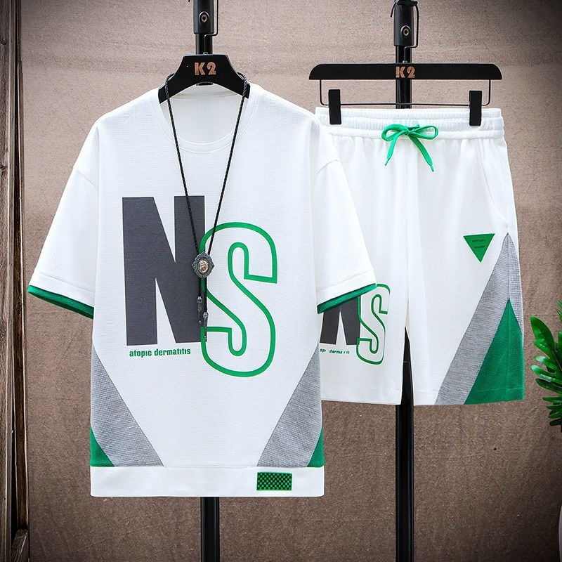两件套短袖短裤夏季新款运动服套装男青少年宽松大码休闲印花男装