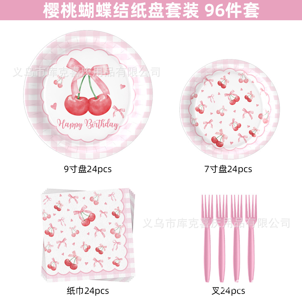 Nuevo arco de cereza tema decoración de fiesta de cumpleaños de niños bandeja de papel tazas de papel toallas de papel set de cubiertos