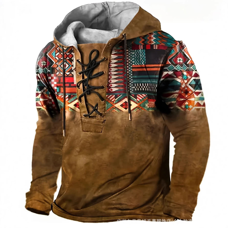 Foreign Trade Navajo Geometric Totem Distressed Hooded Sweatshirt, Men's Western Retro Lace-Up Jacket, One-Piece Drop Shipping Foreign Trade Navajo Geometric Totem Distressed Hooded Sweatshirt, Men's Western Retro Lace-Up Jacket, One-Piece Drop Shipping