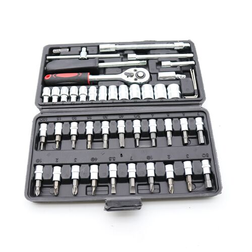Set of 46-piece socket wrenches for quick small aircraft auto repair, car maintenance ratchet screwdriver combo tool