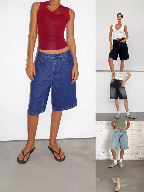 Amazon Aliexpress European and American Foreign Trade Cross-Border Supply Loose Non-Elastic Retro Denim Mid-Length Pants for Women Cropped Pants