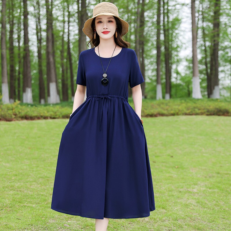 Mom's Dignified and Elegant Summer Dress, New Color Cotton Silk Dress, Mid-Length High-End Elegant Waist Slimming Skirt