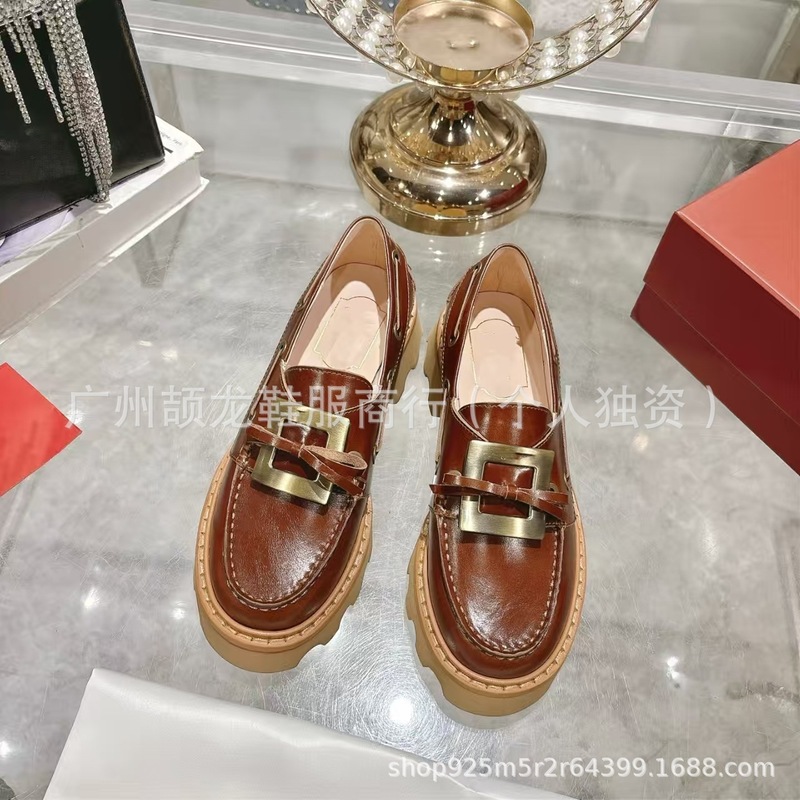 高端2025新款真皮圆头复古浅口金属方扣厚底一脚蹬乐福鞋单鞋皮鞋|undefined