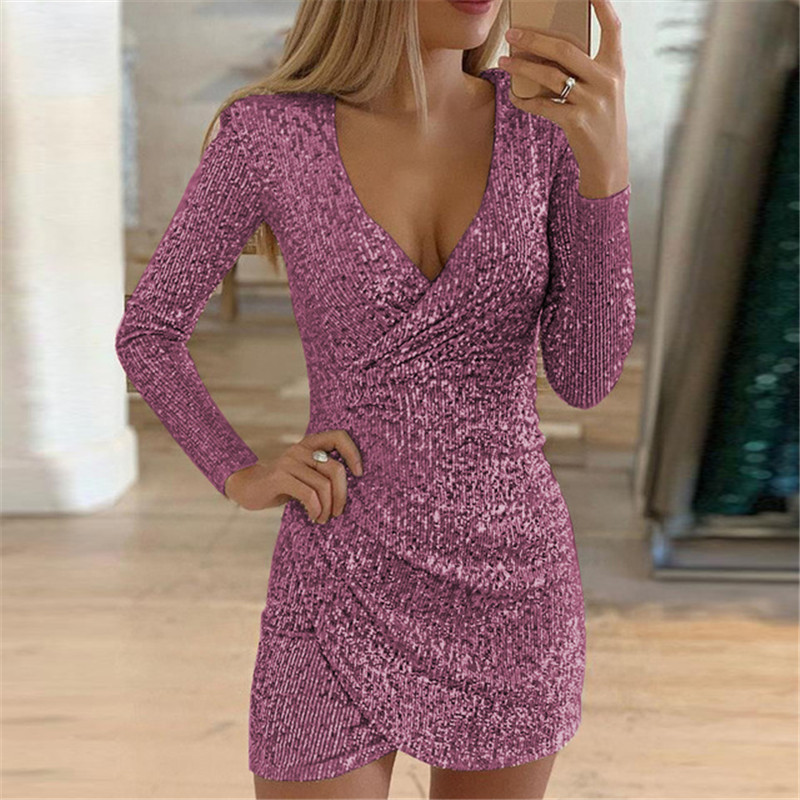 Women's Clothing dresses sexy v neck hip hugging irregular short skirt sequin dress dress for women_voghion.com