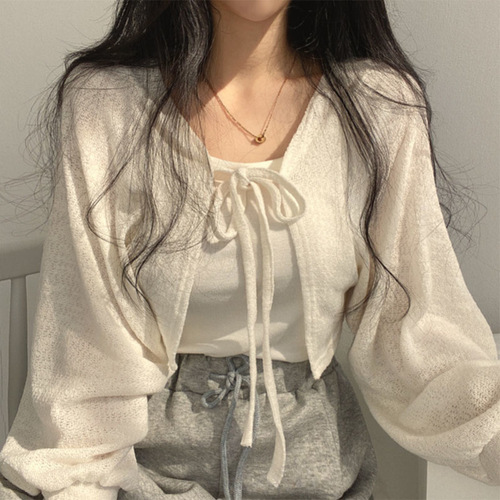 2025 Spring New White Strappy Lantern Sleeve Thin Simple Loose Versatile Open Knit Short Women's Coat