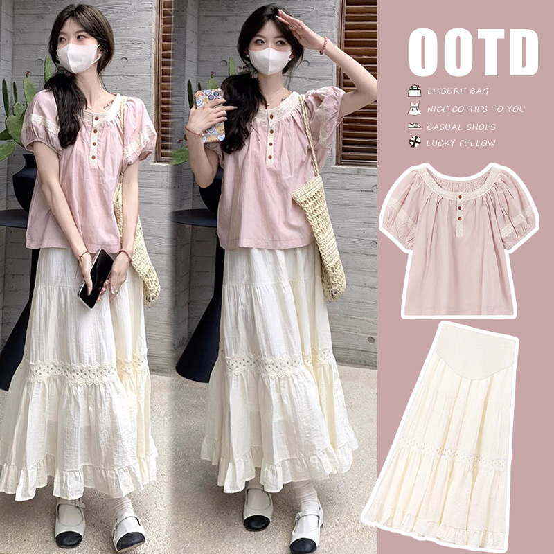 Maternity Skirt, Summer Literary Belly-Supporting A-Line Skirt, Summer Dress, Gentle Style, Petite Suit, Shirt Two-Piece Set