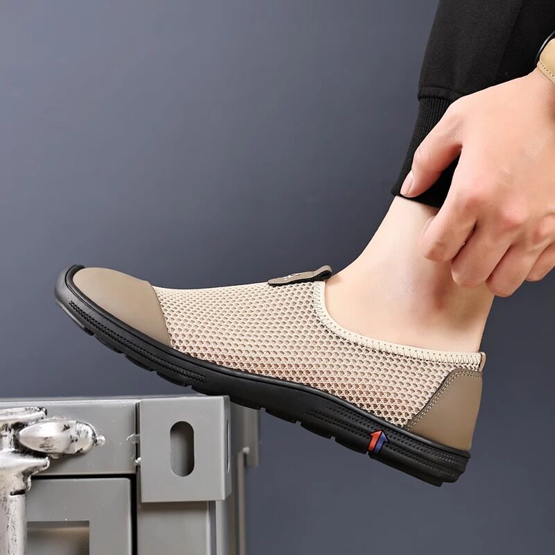 Giày sandal nam lười đế bằng, mũi tròn, thân lưới thoáng khí, phong cách casual — Màu kaki, màu đen