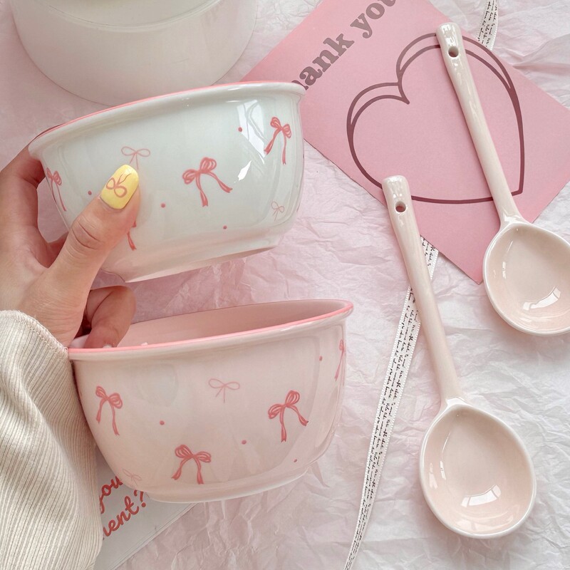粉色ins风蝴蝶结陶瓷餐具套装面碗家用饭碗盘子釉下彩好看少女心|undefined