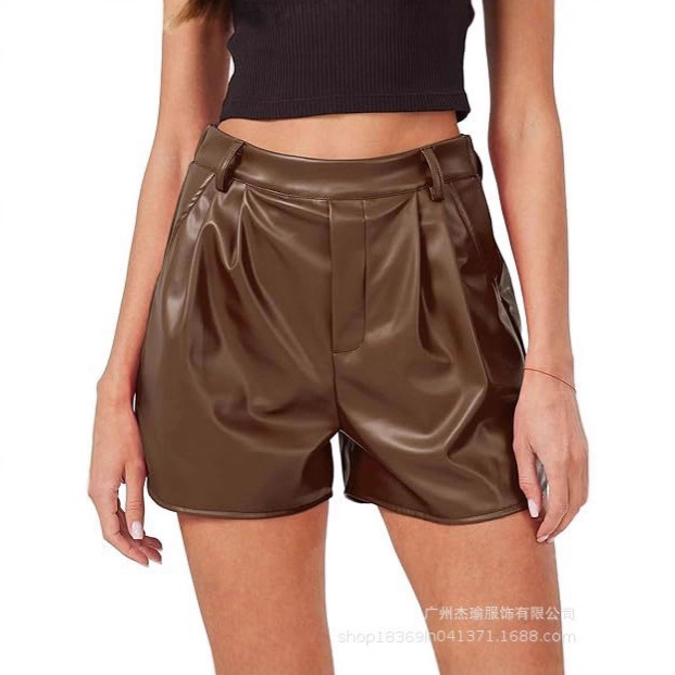 European and American Style Pu Leather Shorts for Women, High-Waisted Pleated Casual Hip-Hugging Pants, Lulu Pants