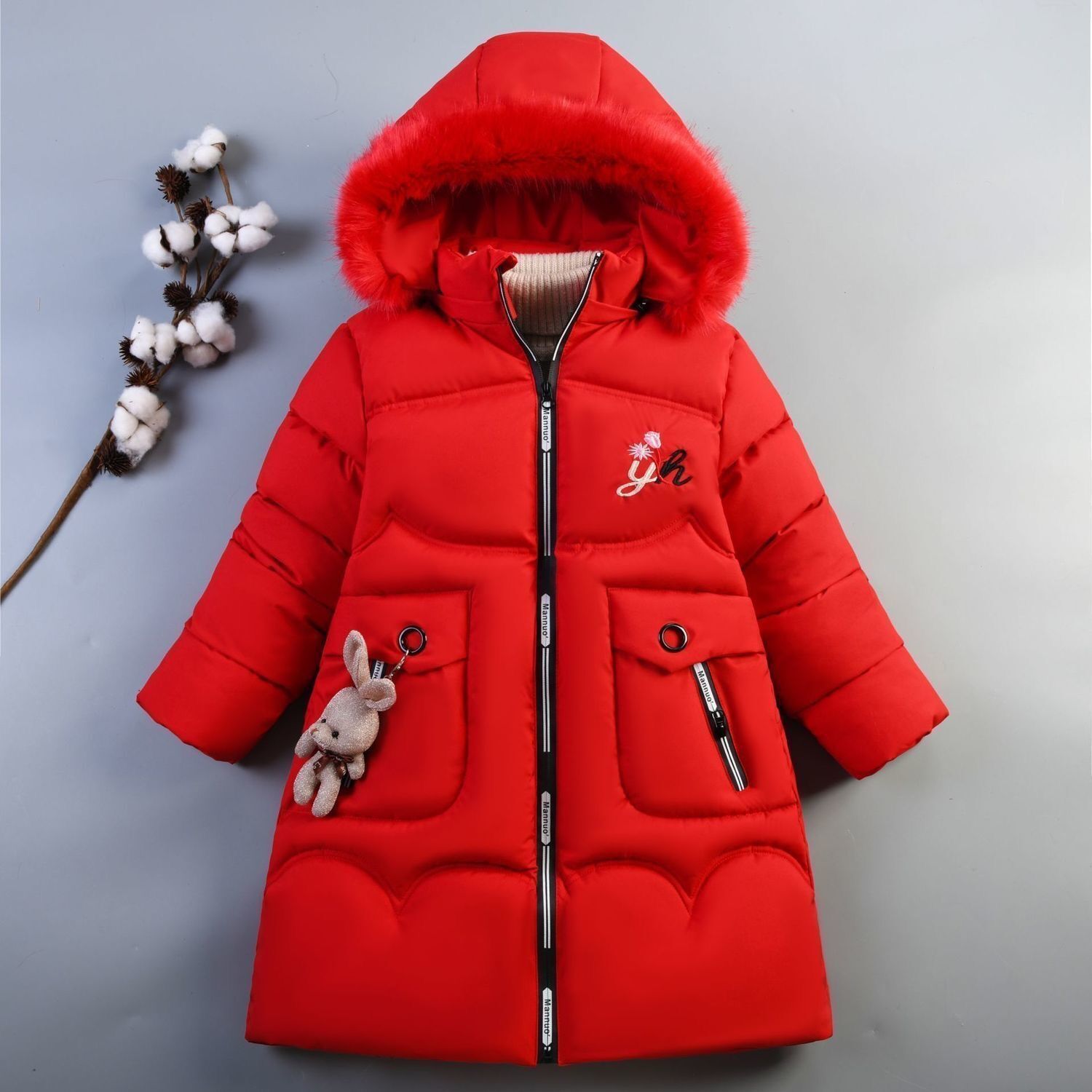 Invierno Nueva ropa de algodón acolchado para niñas de estilo coreano conejo de dibujos animados para niños de longitud media engrosada abajo ropa acolchada de algodón de moda