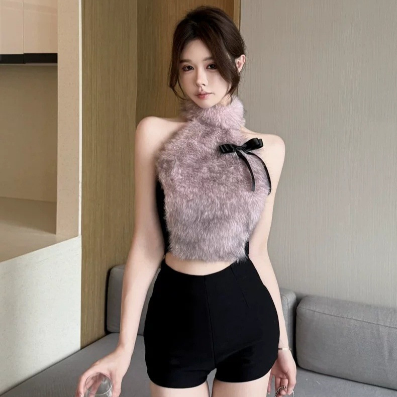 993 # Early Autumn New Pure Desire Furry Halterneck Warm Vest Slimming Women's Fixed Belt Chest Pad Versatile Top
