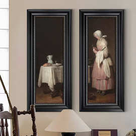 法式客厅竖版装饰画复古人物挂画美式餐厅玄关壁画卧室中古风长条