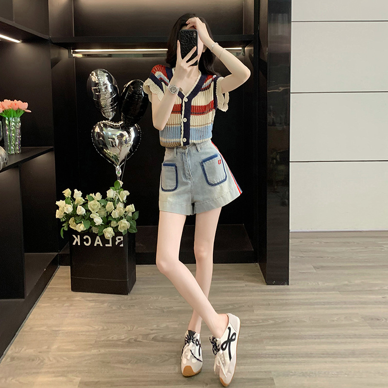 Short-Sleeved Sweater, Denim Wide-Leg Shorts, Casual Fashion Suit for Women, Loose, Internet Celebrity, Fashionable Street Style
