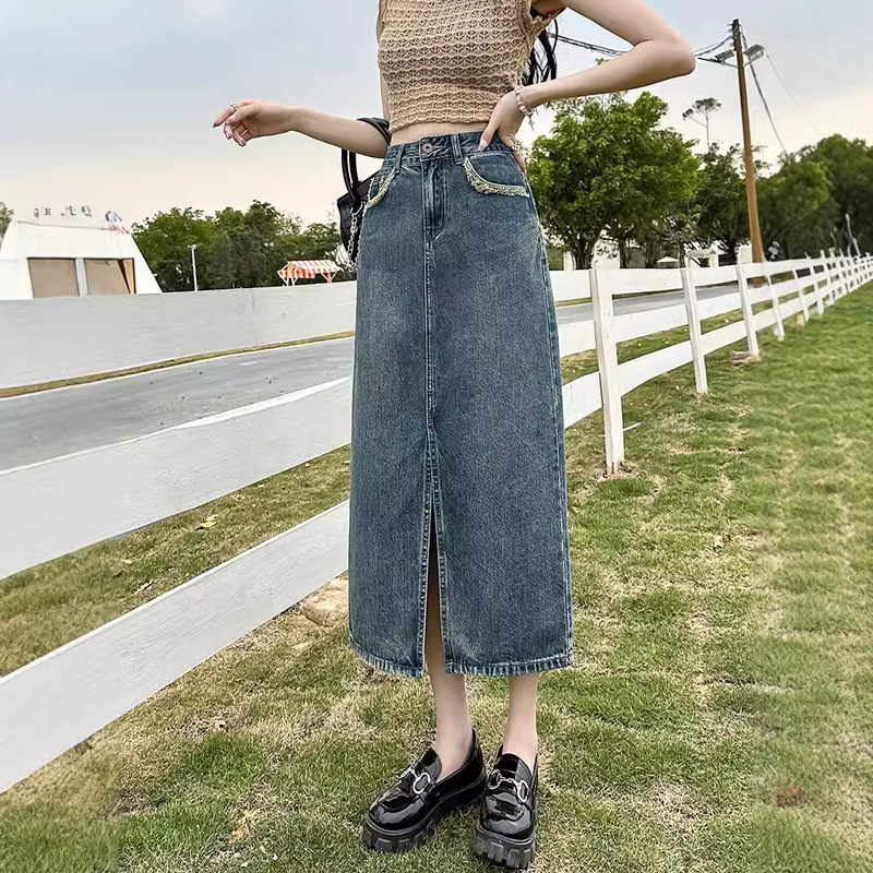 レトロスリットデニムスカート女性用夏薄手2025新作ハイウエスト痩身ミッドレングスAラインヒップスカート|undefined