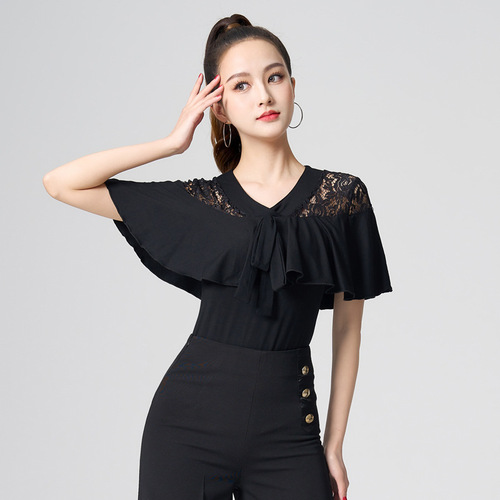 Black lace ruffles Latin dance top female ballroom salsa dance clothes modern apparel v-neck shirt chacha rumba gb ballroom dance shirts for lady