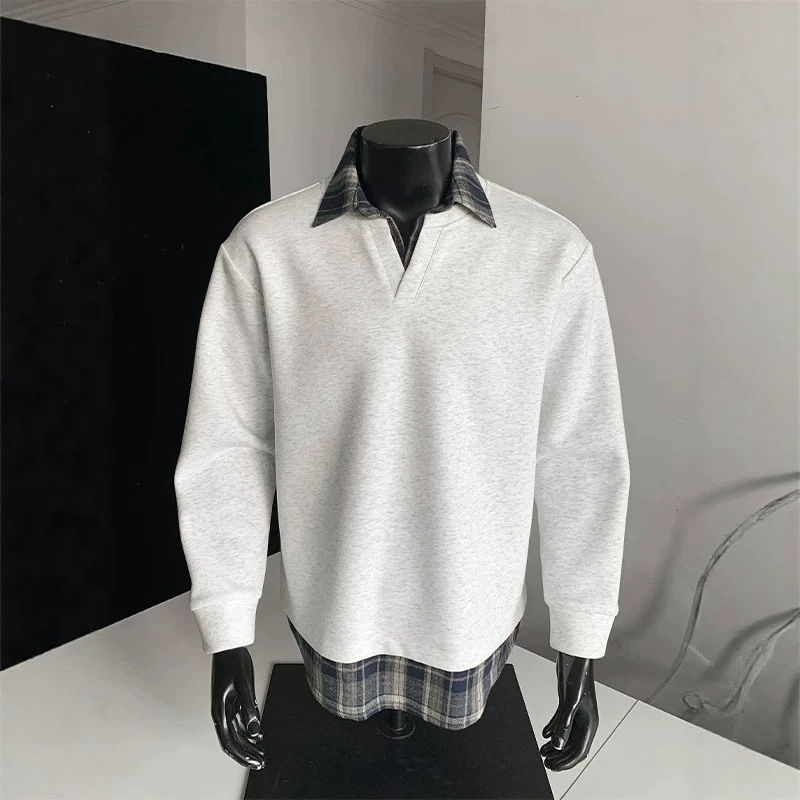 2026 patchwork-style, two-piece look, plaid long-sleeved polo shirt, men's spring/autumn new collection, base layer shirt, sweatshirt, Korean-style casual wear 2026 patchwork-style, two-piece look, plaid long-sleeved polo shirt, men's spring/autumn new collection, base layer shirt, sweatshirt, Korean-style casual wear