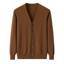 纯山羊绒12针平纹亲肤男士V领针织开衫 简约树脂扣休闲时尚毛衣新