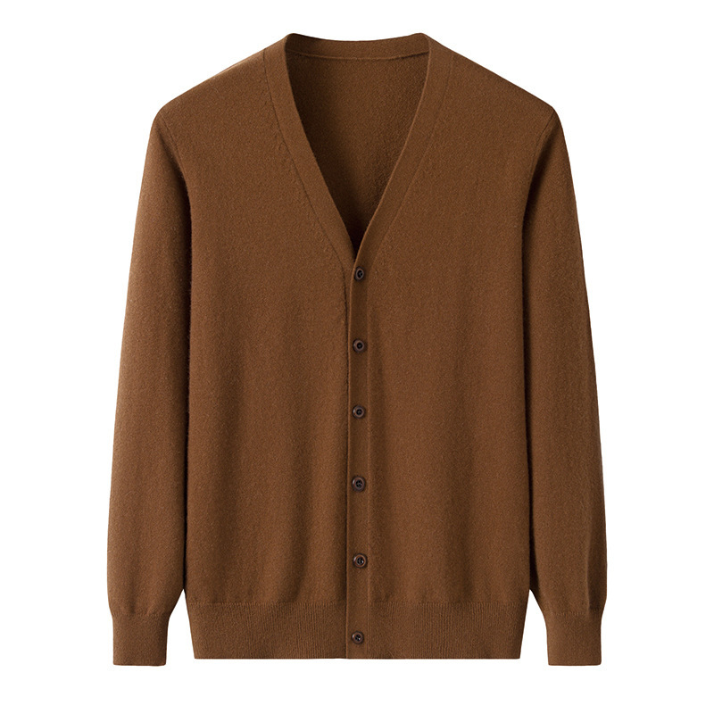 Pure Cashmere 12-Stitch Plain Skin-Friendly Men's V-Neck Knit Cardigan Simple Resin Button Casual Fashion Sweater New