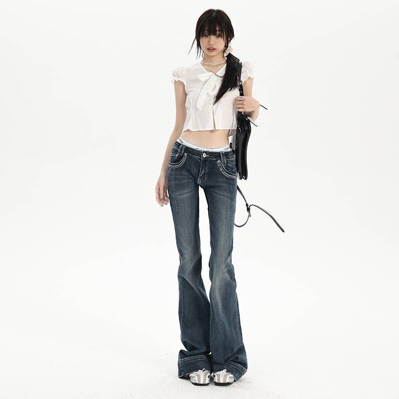 Wholesale Manual Ancient Atmosphere Beautiful Practice Curve Charm Ultra-Low Waist American Bell Bottoms