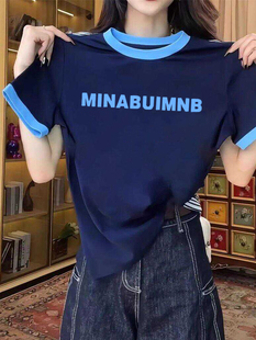 2025 Spring and Summer New American Casual Versatile Round Neck Top Women's Slimming Look Contrasting Printed Short-Sleeved T-Shirt Insd