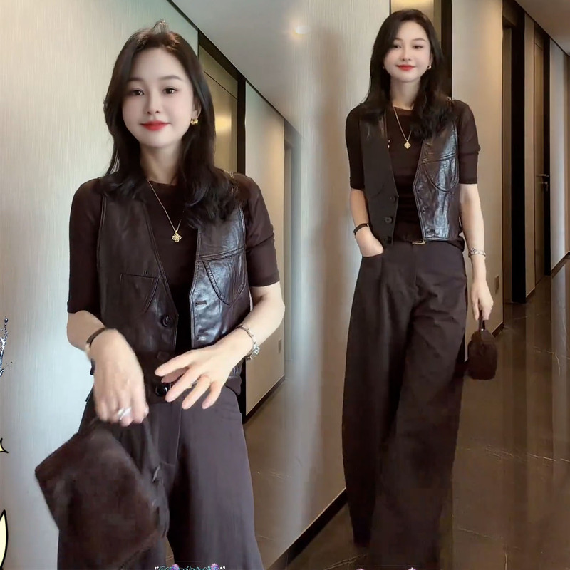 Korean-style fashion casual suit for women, 2026 autumn new model, PU leather vest, slim-fit base shirt, wide-leg pants, three-piece set