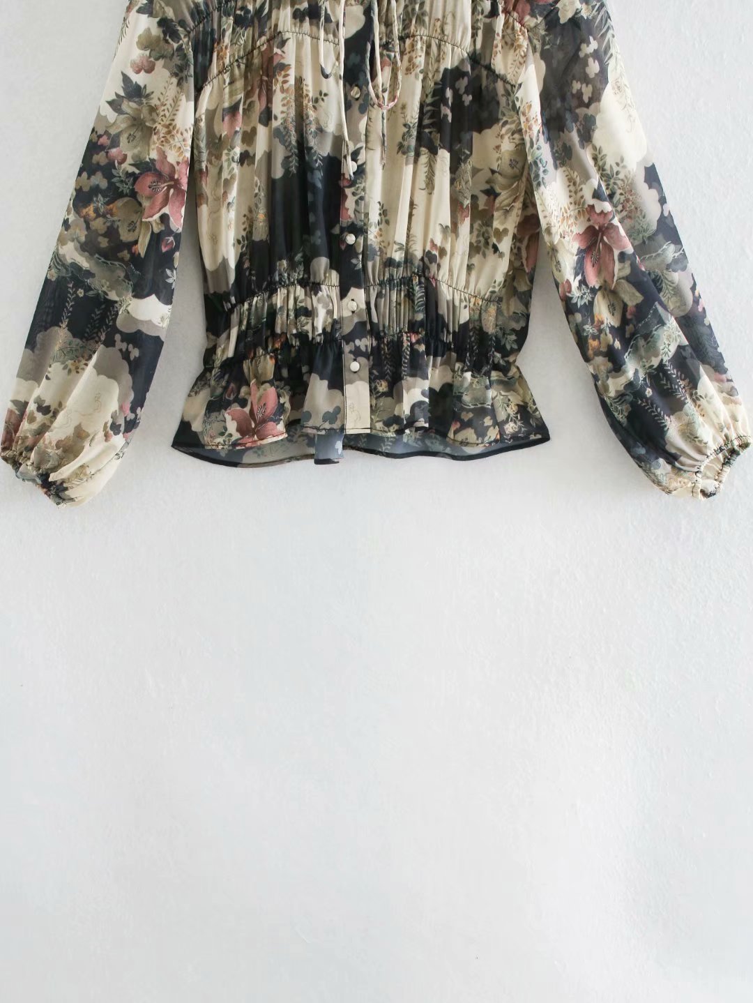 Tie Long Sleeve Loose Print Blouse  NSAM22554