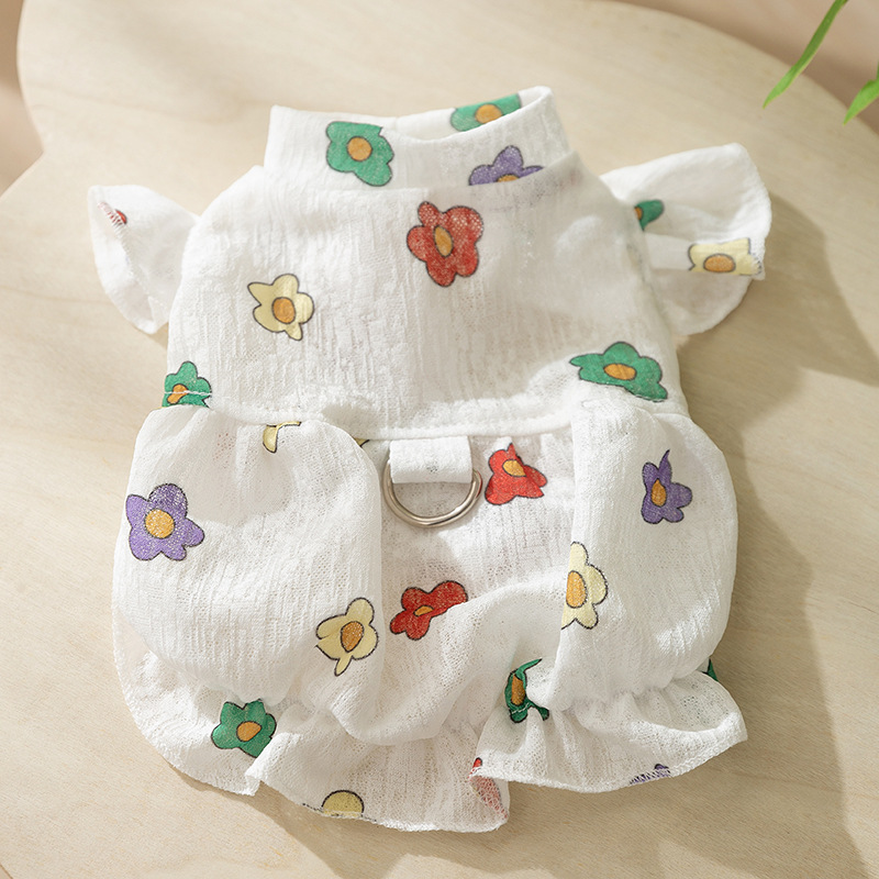 Linda pequeña flor impresa pequeña manga voladora princesa estilo vestido gato dos pies mascota perro Delgado Primavera y ropa de verano