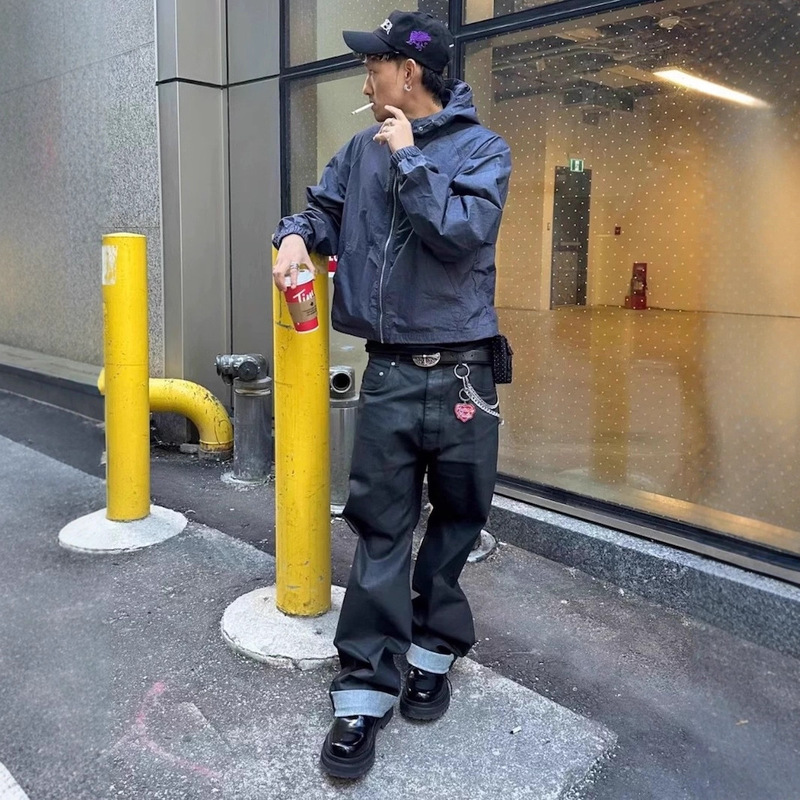 2025 New American High Street Ro Style Black Loose Straight Solid Color Coated Waxed Workwear Jeans Trendy