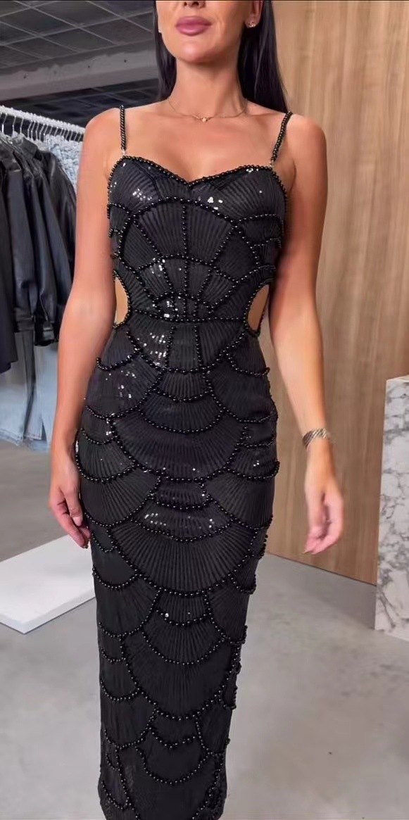 Abito da donna alla moda, senza schienale, aderente, con scollo a V, lungo, con paillettes, attillato, dimagrante, aderente, con perline_voghion.com