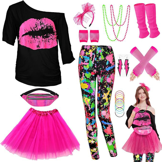 80S Drop-Shoulder T-Shirt Party Dance Performance Tutu Skirt Waist Bag Necklace Bracelet Earrings Foot Cover Set 80S Drop-Shoulder T-Shirt Party Dance Performance Tutu Skirt Waist Bag Necklace Bracelet Earrings Foot Cover Set