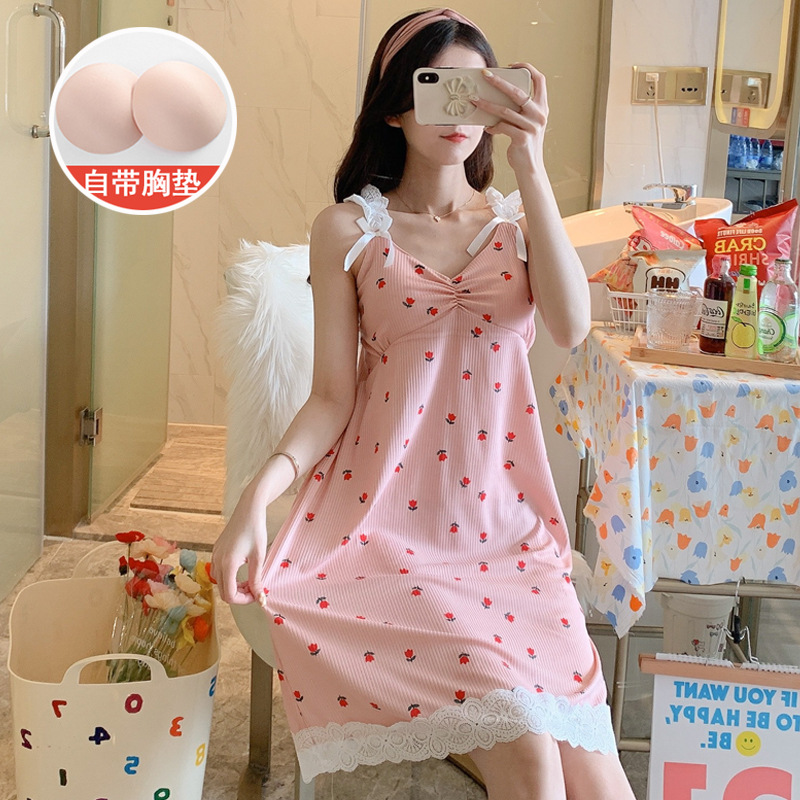 Ropa para el hogar de las mujeres con almohadilla para el pecho nueva correa pijamas camisón de las mujeres de media longitud de encaje de verano dulce princesa estilo