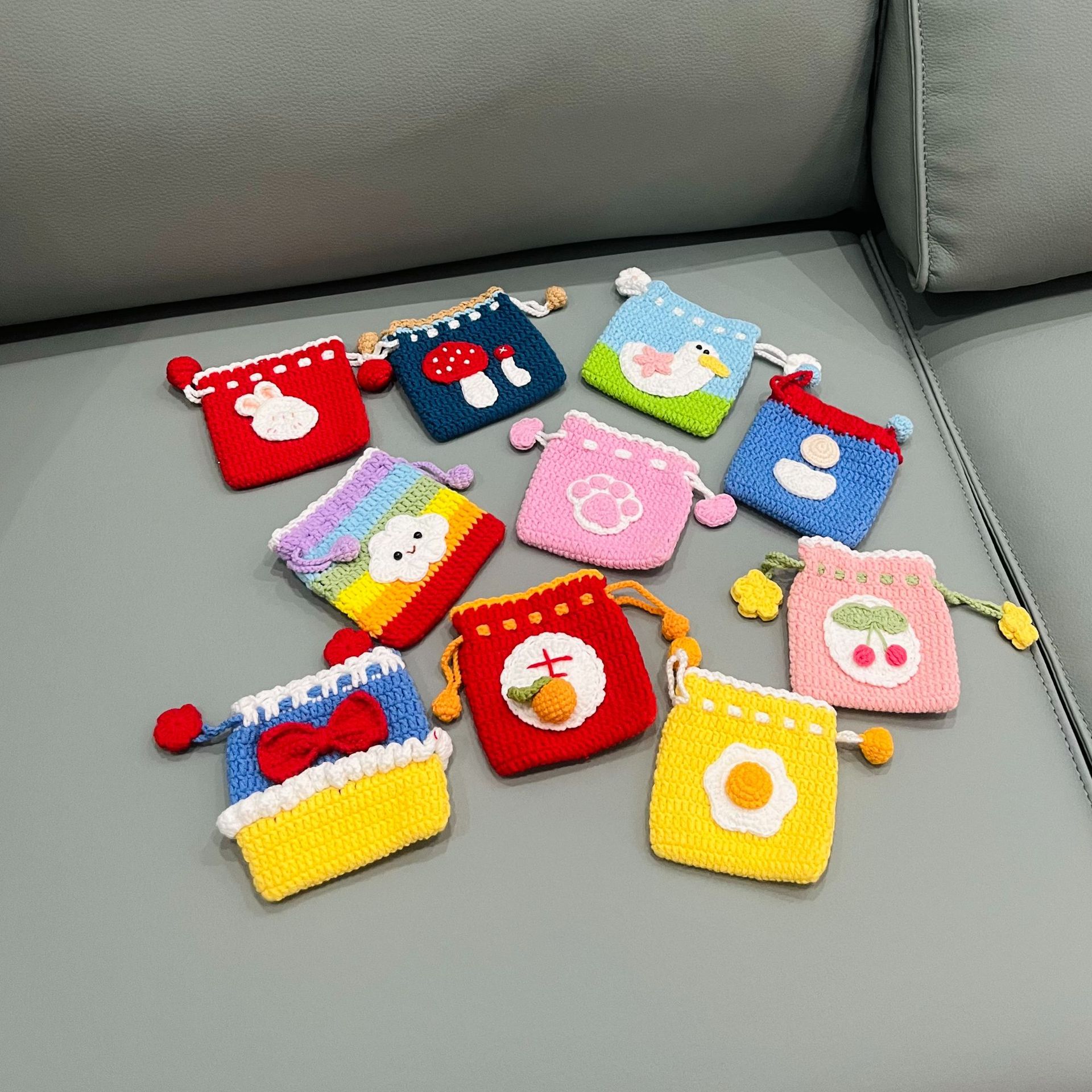 Hermosa bolsa de cambio tejida a mano, gancho de lana tejida, bolsa de bolsillo mini bolsa de cambio, productos terminados