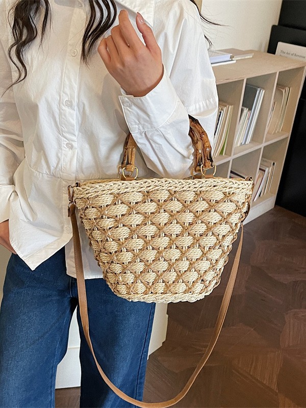 Bolsa de tejido a mano para mujeres 2026 nuevas vacaciones de playa de mano cesta de verduras bolsas de balde de verano bolsas de tela de paja image 3