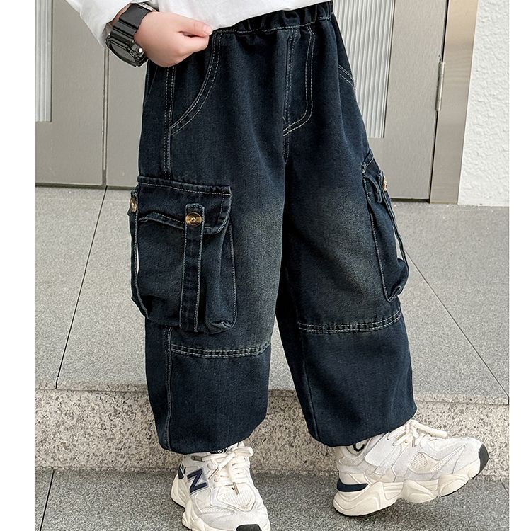 男童裤子春秋款儿童时髦加绒牛仔工装裤痞帅男孩宝宝炸街秋冬长裤