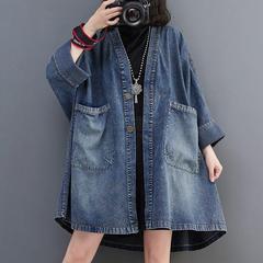 复古V领大口袋牛仔外套女秋季新款宽松大版中长款风衣