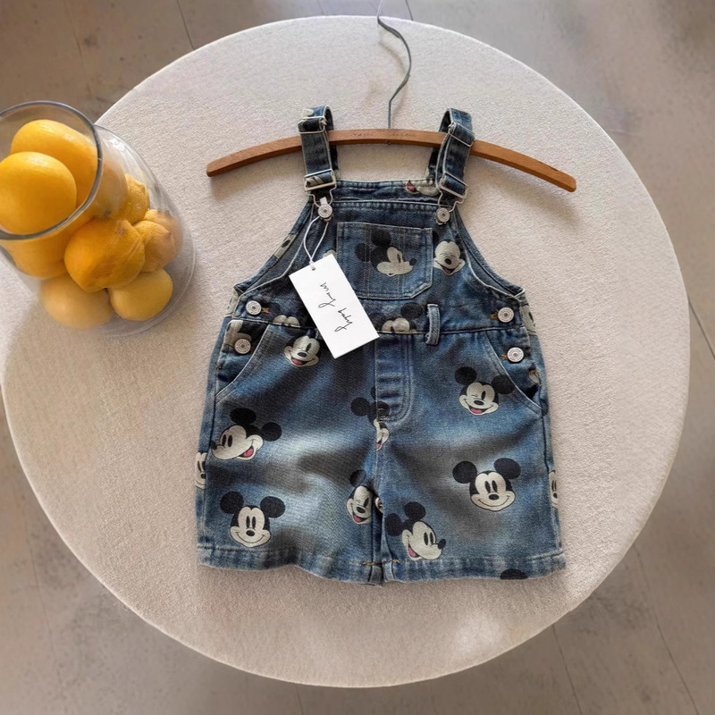 New Cartoon Denim Print Sleeveless Suspender Shorts for Children and Toddlers, 2026 Summer Thin Denim Overalls Shorts Trendy