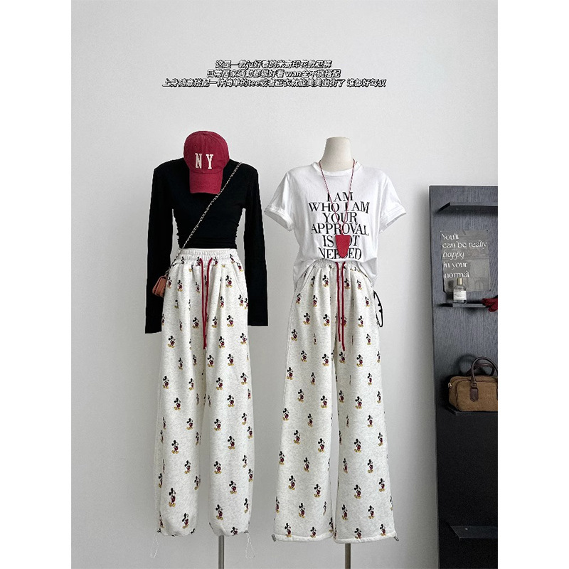 European-Style Wide-Leg Mickey Sweatpants for Women, Winter Fleece-Lined Thickened Lazy Casual Sports Mickey Mouse Cuffed Straight-Leg Long Pants