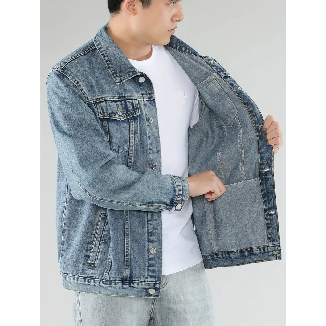 Men's Clothing Slim Fit Denim Jacket Trendy High Street Solid Color Long Sleeve Coat_viptrois.com