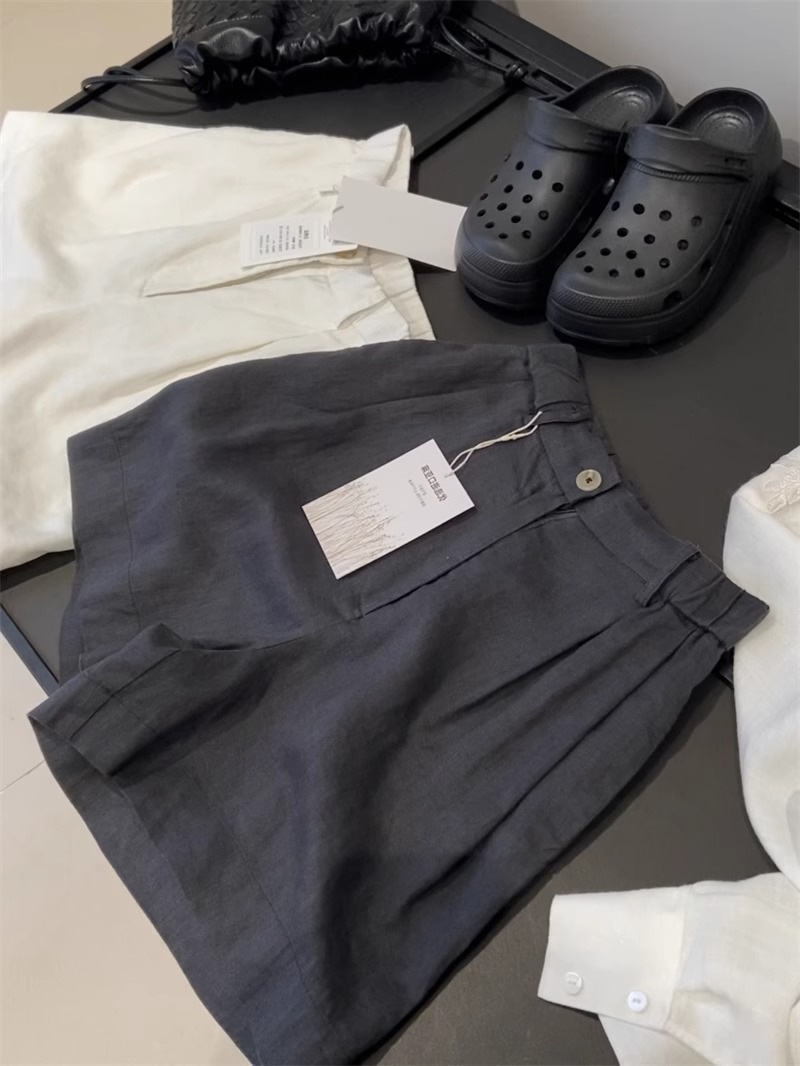 广州十三行高货爆款~穿上不想脱 老钱风高腰亚麻阔腿短裤女小个子