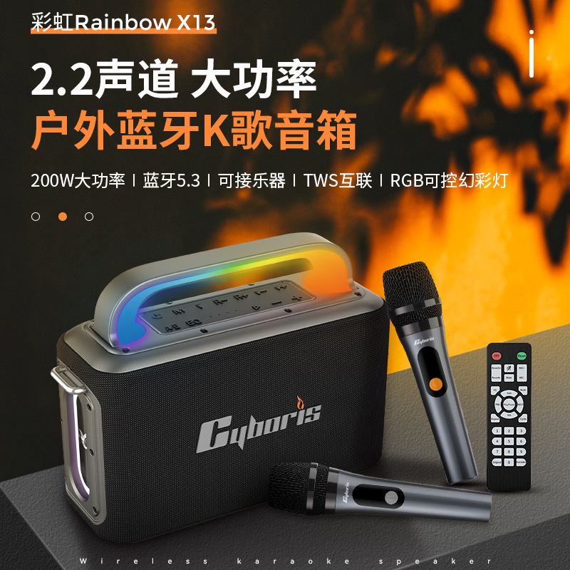 Cyboris' New 2.2-Channel 200W High-Power Outdoor Bluetooth Karaoke Speaker with Colorful Lights X13 Can Connect to Musical Instruments