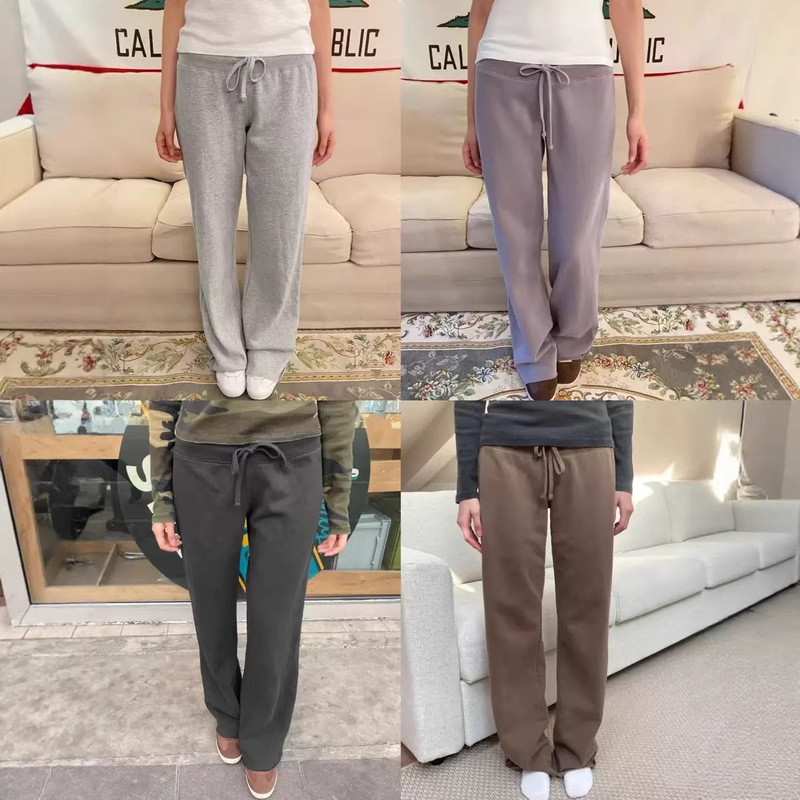 Bm Style American Retro Solid Color Low-Waist Terry Casual Pants for Women, Loose Fit, Slimming, Versatile Straight Wide-Leg Long Pants Bm Style American Retro Solid Color Low-Waist Terry Casual Pants for Women, Loose Fit, Slimming, Versatile Straight Wide-Leg Long Pants