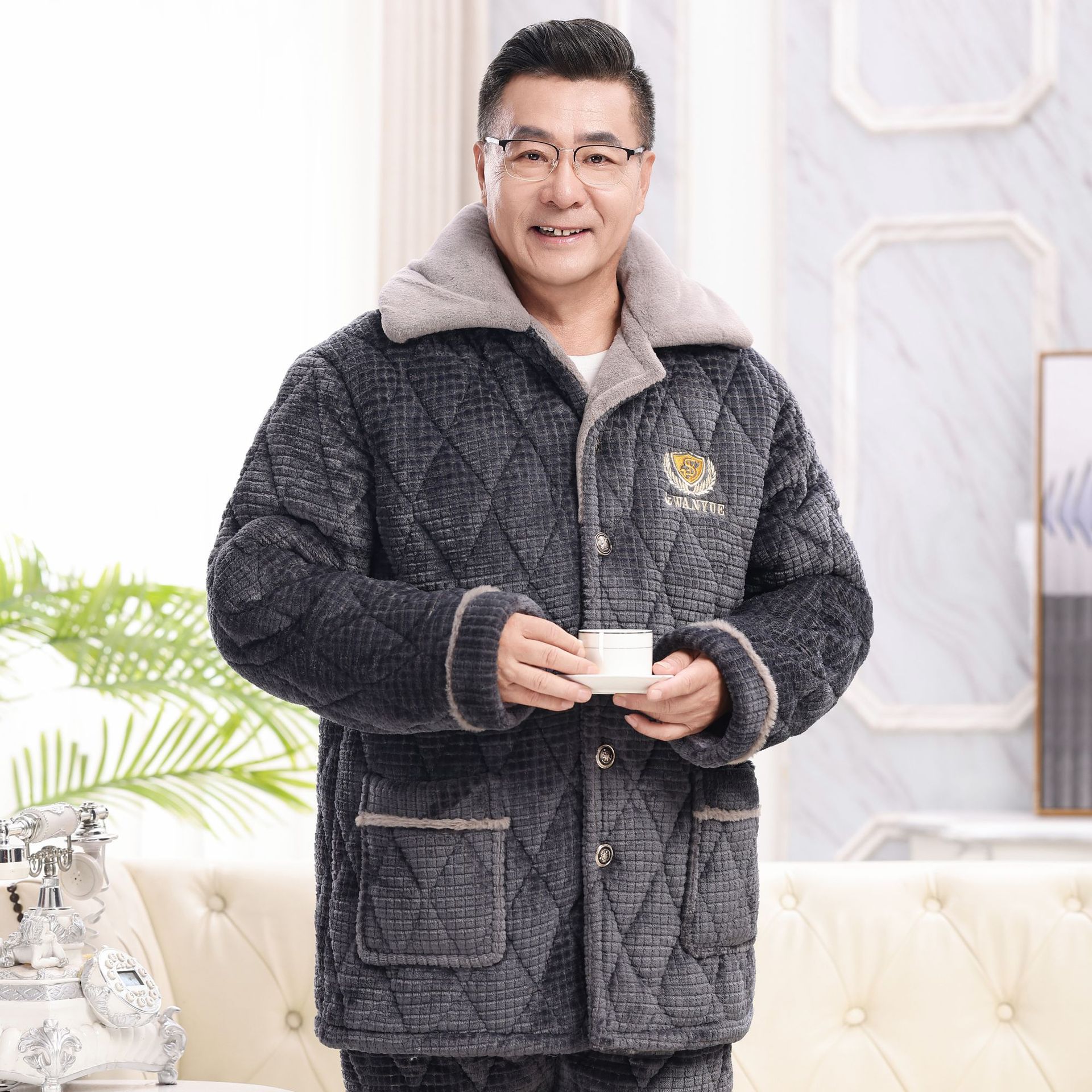 男士睡衣冬季三层夹棉保暖可外穿加大加厚中老年爸爸款居家服套装