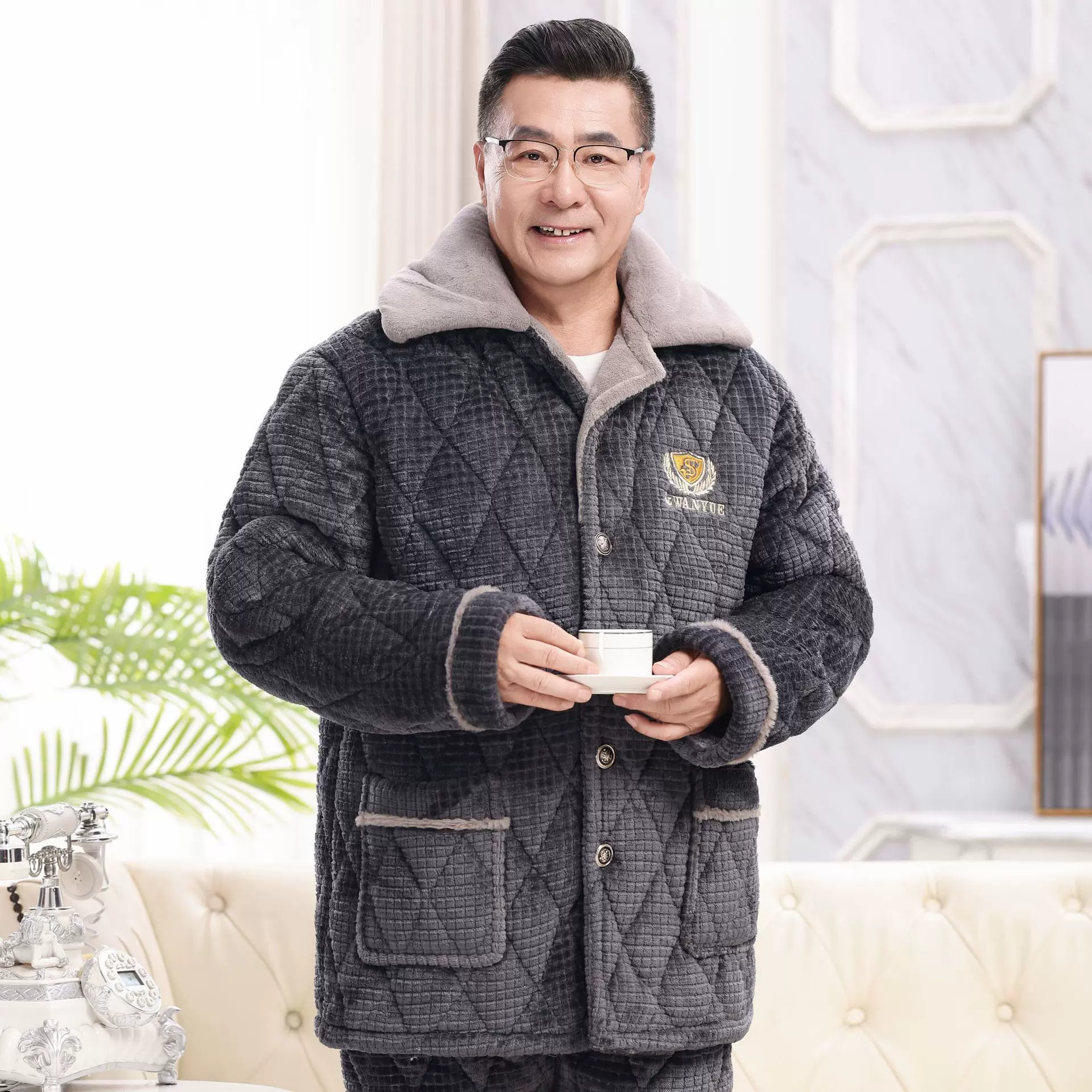 男士睡衣冬季三层夹棉保暖可外穿加大加厚中老年爸爸款居家服套装