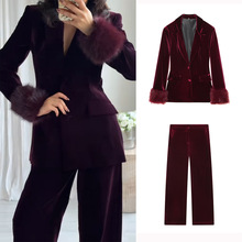 跨境欧美风女装冬季新款高级感天鹅绒西装外套天鹅绒高腰宽腿长裤