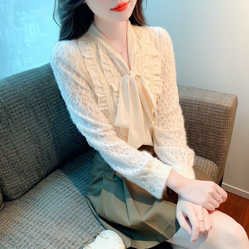 French Brushed Lace Shirt Women's Spring New Bow Style Ruffled Elegant Base Top