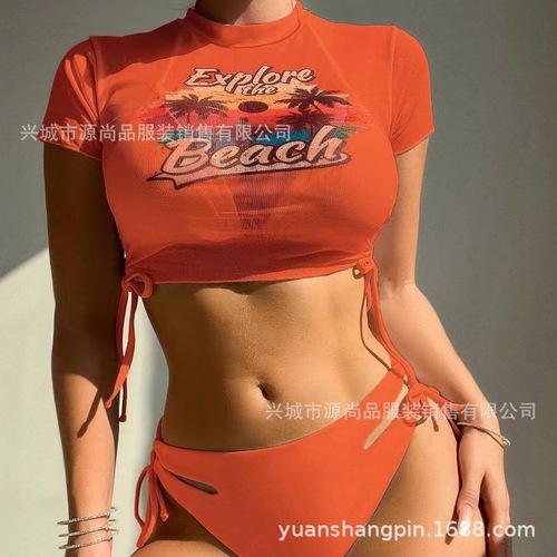 European and American style mesh three-piece swimsuit for women, print bikini Russian