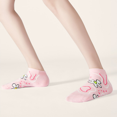 Lumi cute cartoon socks women's socks breathable shallow mouth summer thin anti-odor trendy pink cotton boat socks wholesale